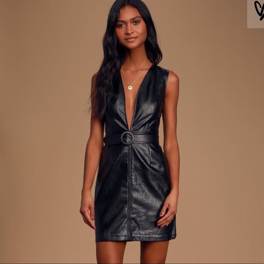 Black Vegan Leather Belted Mini Dress